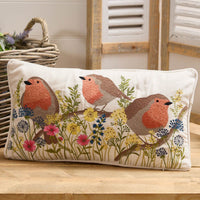 LANGS Robin Floral Embroidered Velvet Cushion 25x45cm