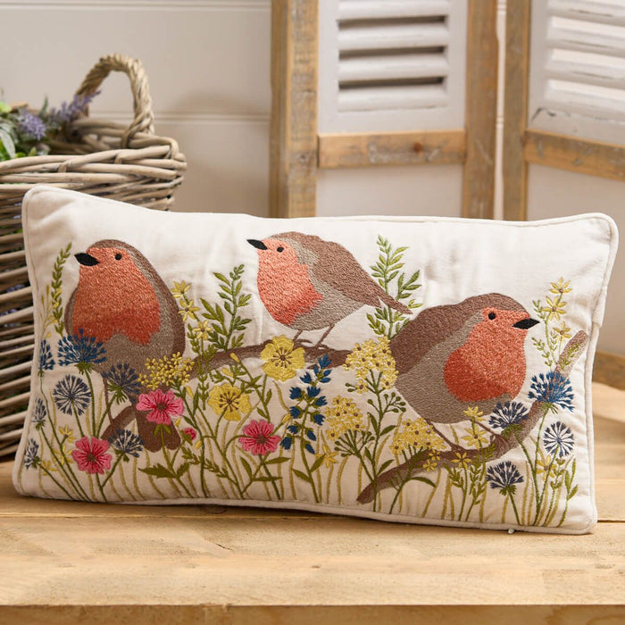 LANGS Robin Floral Embroidered Velvet Cushion 25x45cm