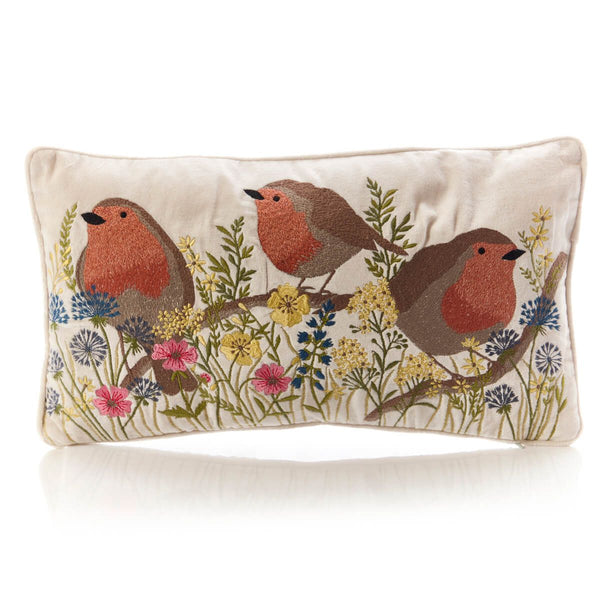 LANGS Robin Floral Embroidered Velvet Cushion 25x45cm
