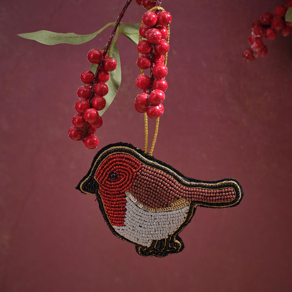 LANGS Robin Hand Beaded Fabric Robin Christmas Hanger 8x11cm