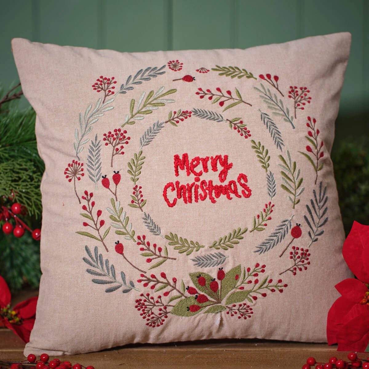 LANGS Merry Christmas 100% Cotton Embroidered Cushion 45x45cm