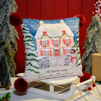 LANGS Christmas Cottage Velour Pom Pom Cushion 35x35cm