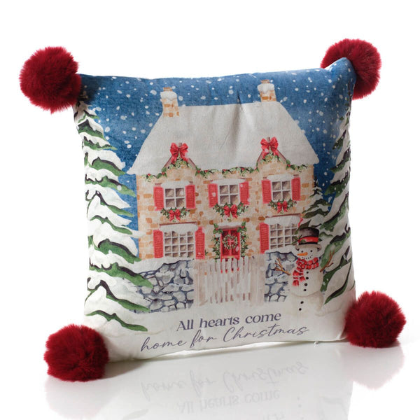 LANGS Christmas Cottage Velour Pom Pom Cushion 35x35cm