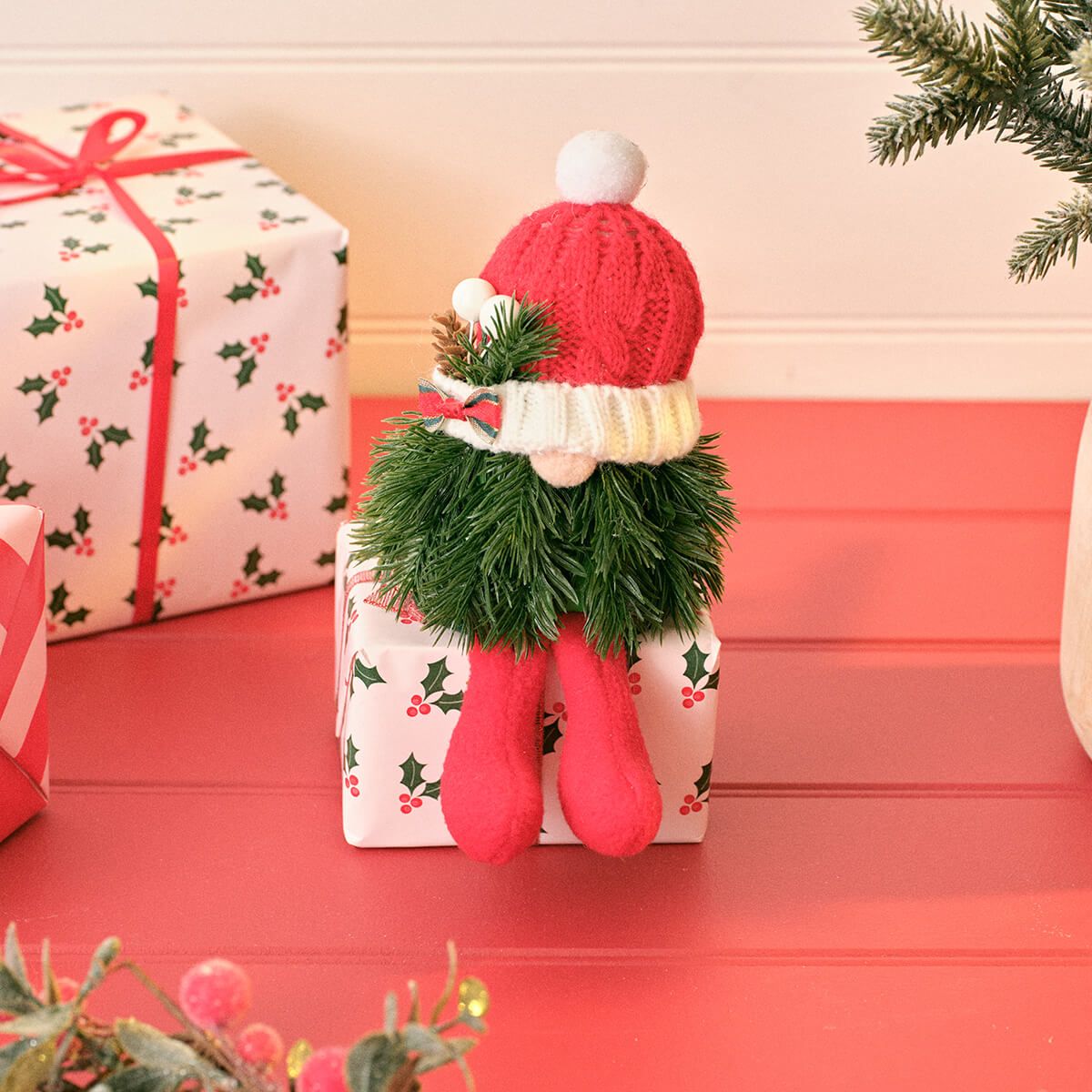LANGS Hollies & Berries Gonk with Knitted Hat Shelf Sitter 18cm