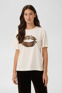 CULTURE Musa Gith Leopard Print Lips T-Shirt - Cream