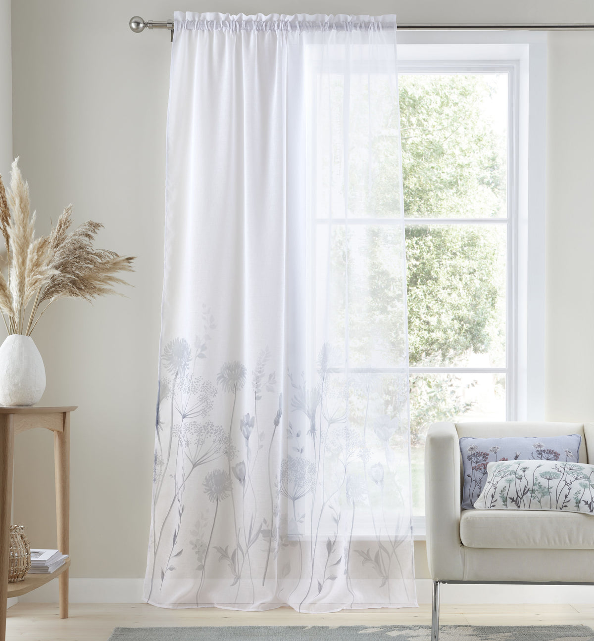 CATHERINE LANSFIELD Meadowsweet Floral Tab Top Sheer Curtain Panel 55x90" - White