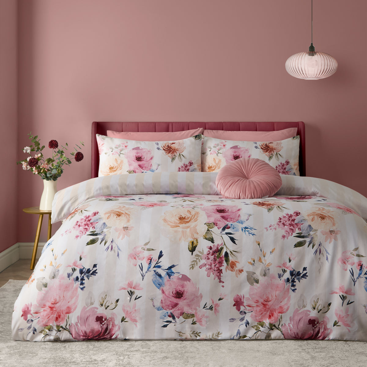 CATHERINE LANSFIELD Floral Stripe Duvet Cover Set - Cream