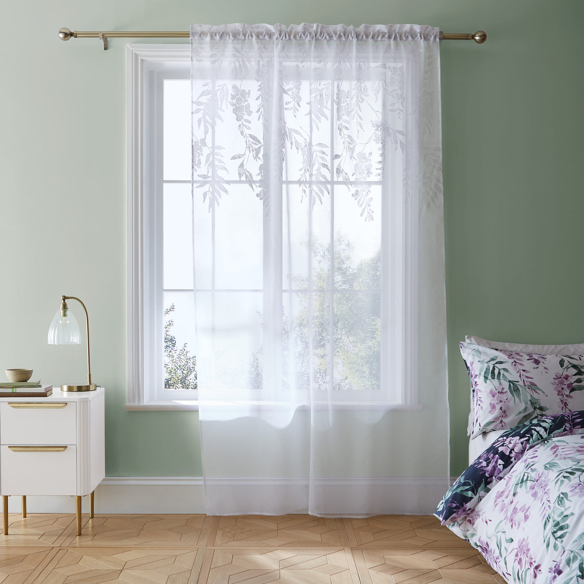 CATHERINE LANSFIELD Wisteria Floral Slot Top Voile Curtain 55x90"
