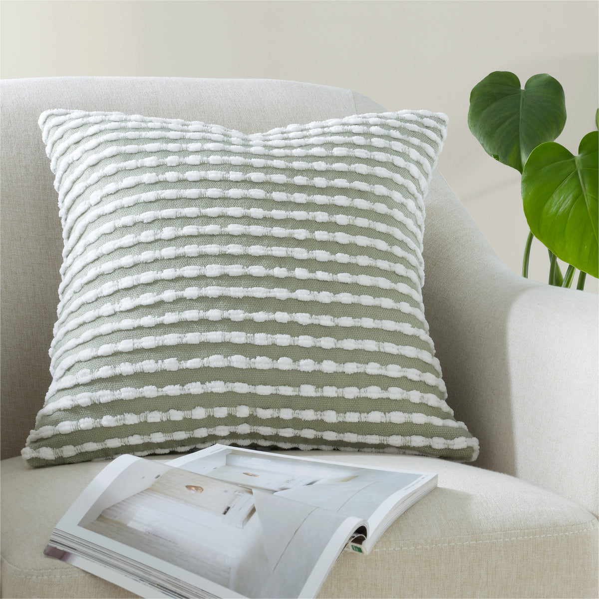 CATHERINE LANSFIELD Stab Stitch Textured Filled Cushion 43x43cm - Sage