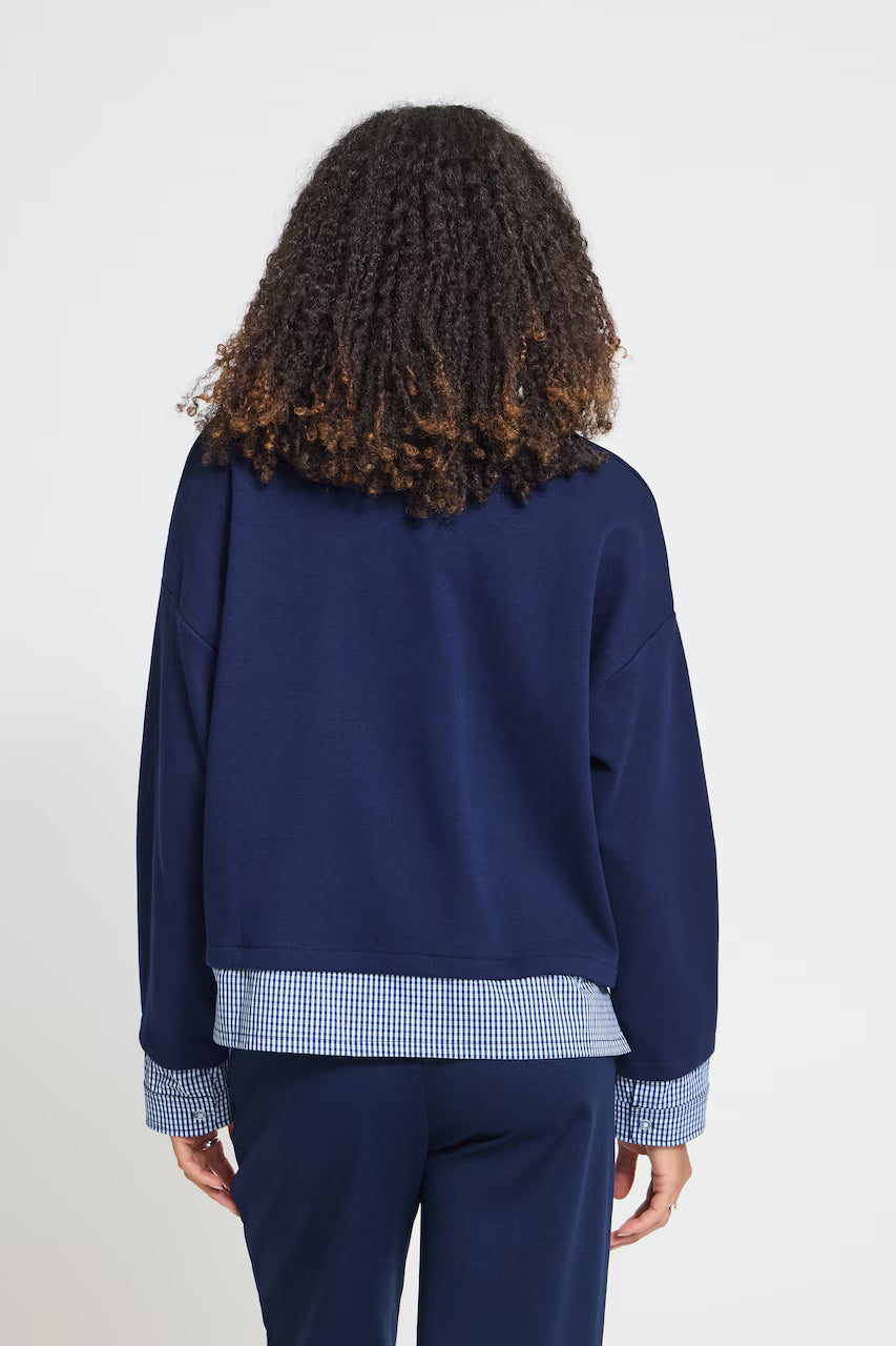 ICHI Pinda Mix Gingham Trim Layered-Look Sweatshirt - Navy