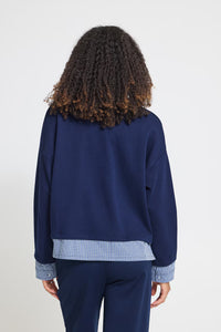 ICHI Pinda Mix Gingham Trim Layered-Look Sweatshirt - Navy