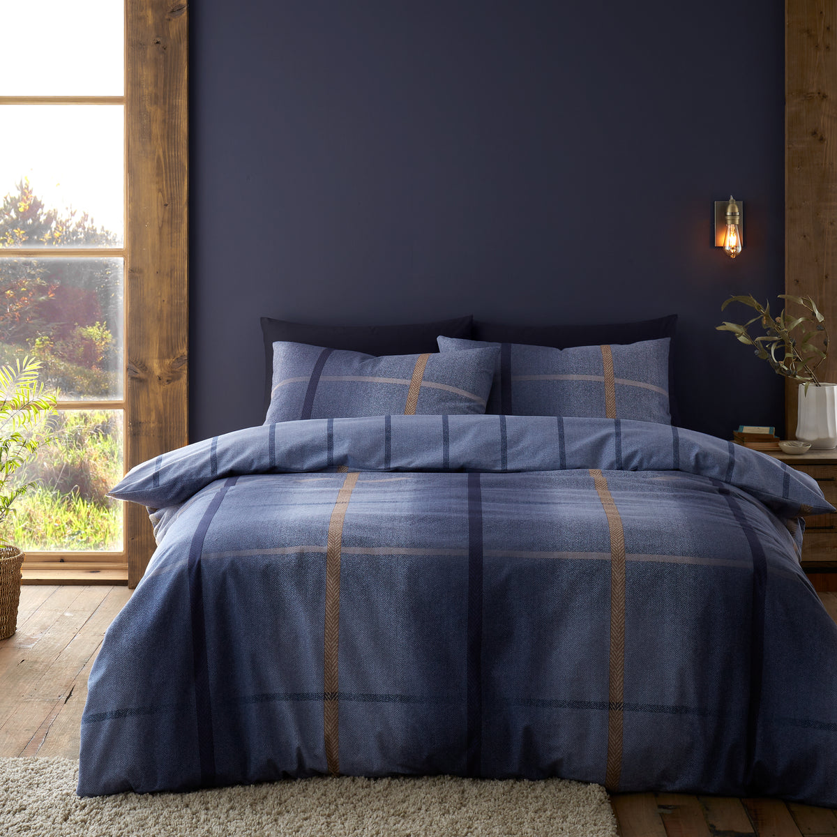 CATHERINE LANSFIELD Brushed 100% Cotton Melrose Tweed Duvet Set - Blue