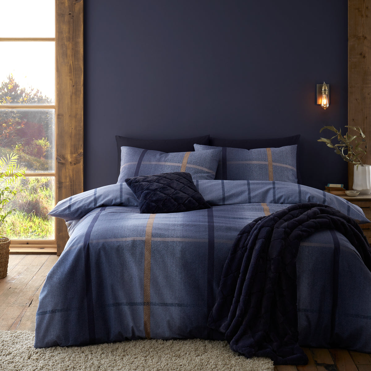 CATHERINE LANSFIELD Brushed 100% Cotton Melrose Tweed Duvet Set - Blue