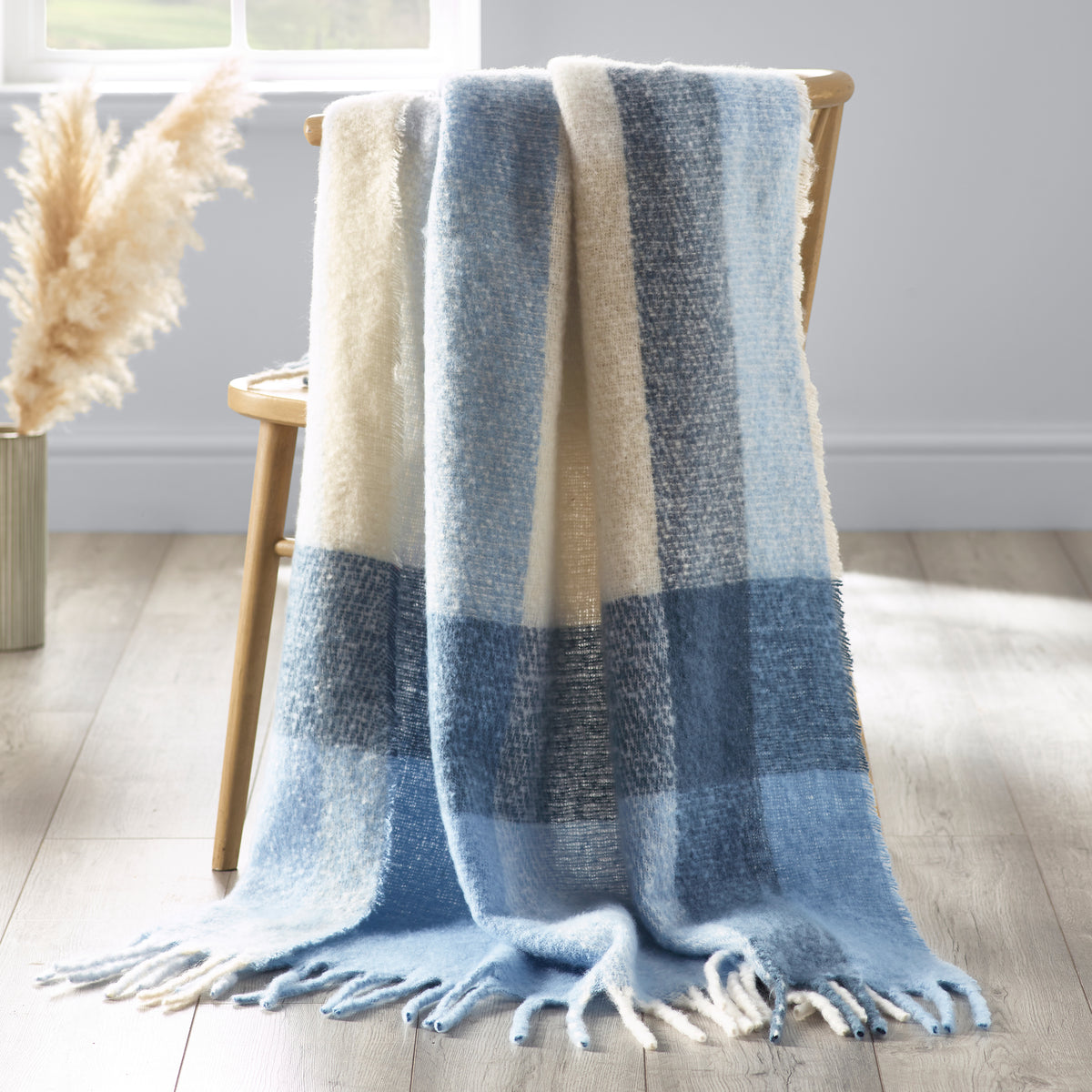 CATHERINE LANSFIELD Faux Mohair Checked Throw - Blue