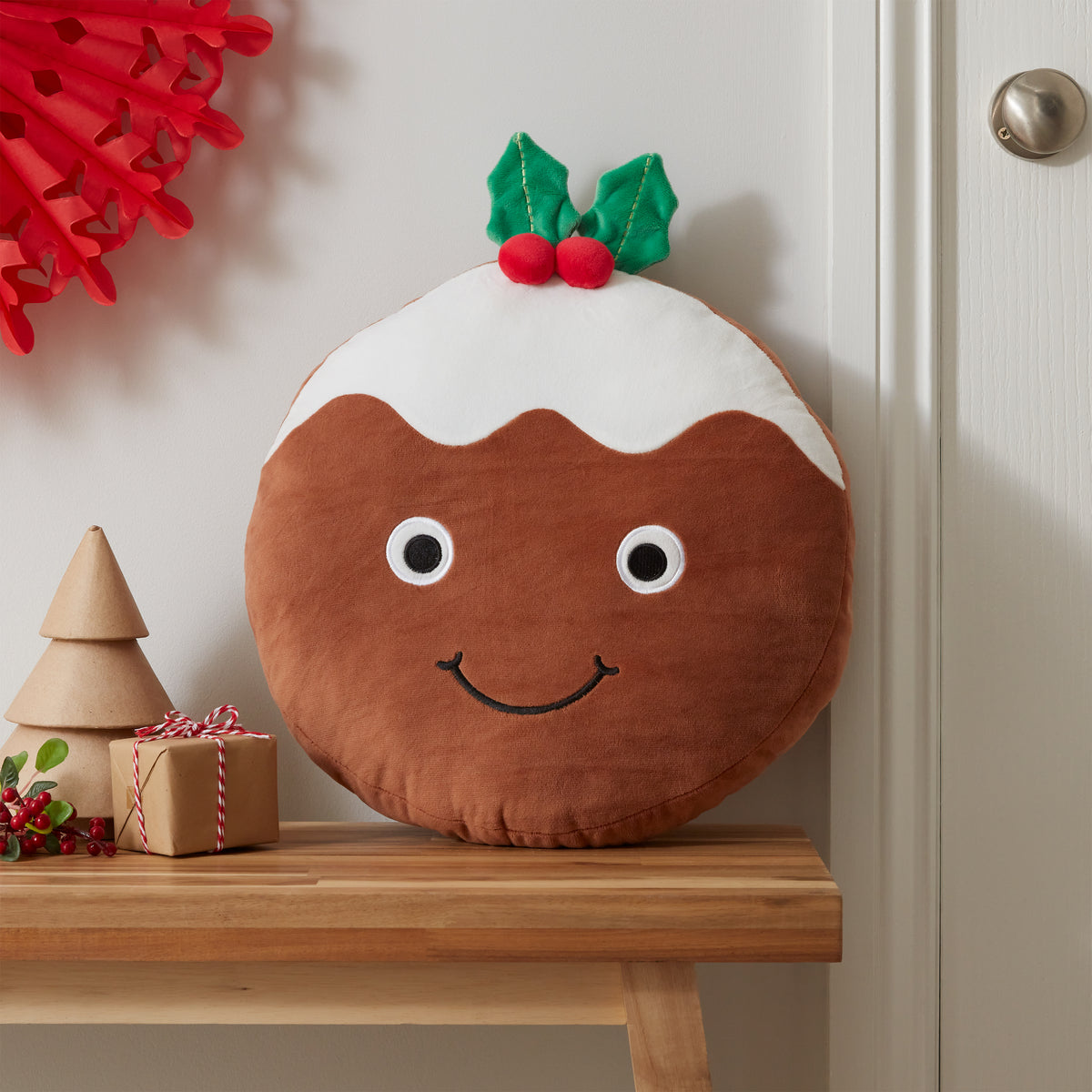 CATHERINE LANSFIELD Christmas Pudding 3D Cushion 35cm - Brown