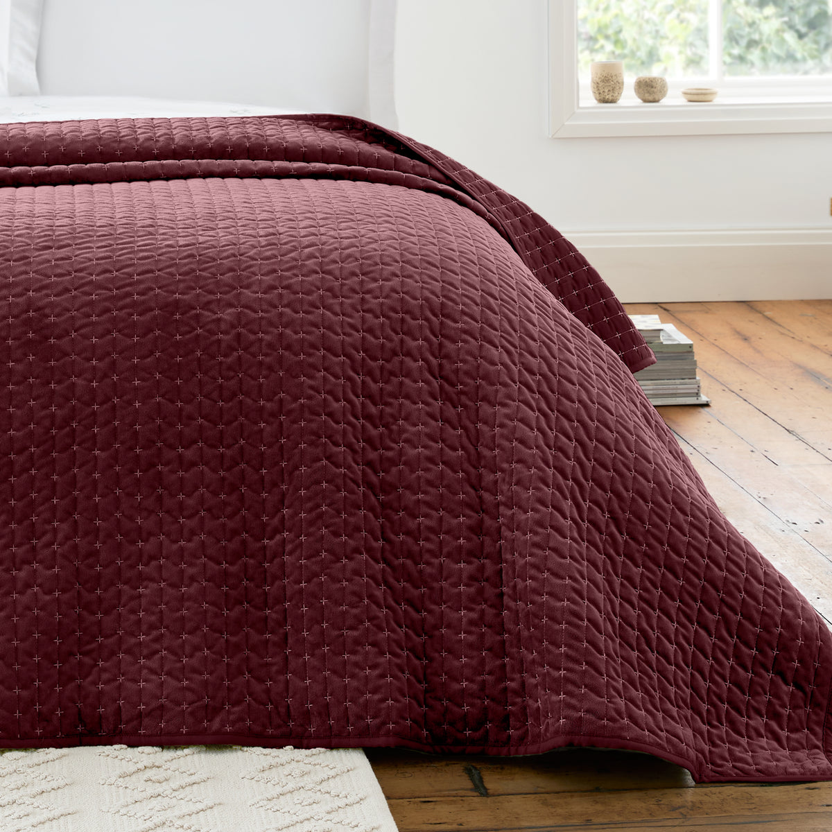 BIANCA Attica Velvet Bedspread 240x260cm - Burgundy
