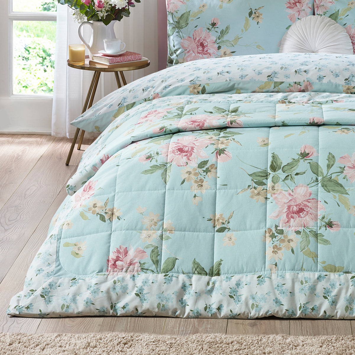 CATHERINE LANSFIELD Avebury Floral Bedspread 220x230cm - Duck Egg