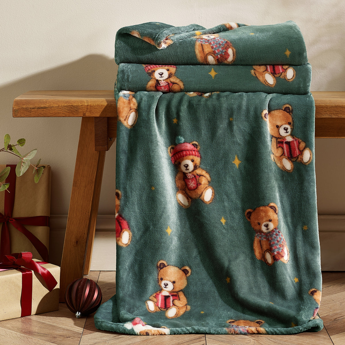 CATHERINE LANSFIELD Christmas Tartan Teddy Bear Soft Fleece Throw 130x170cm