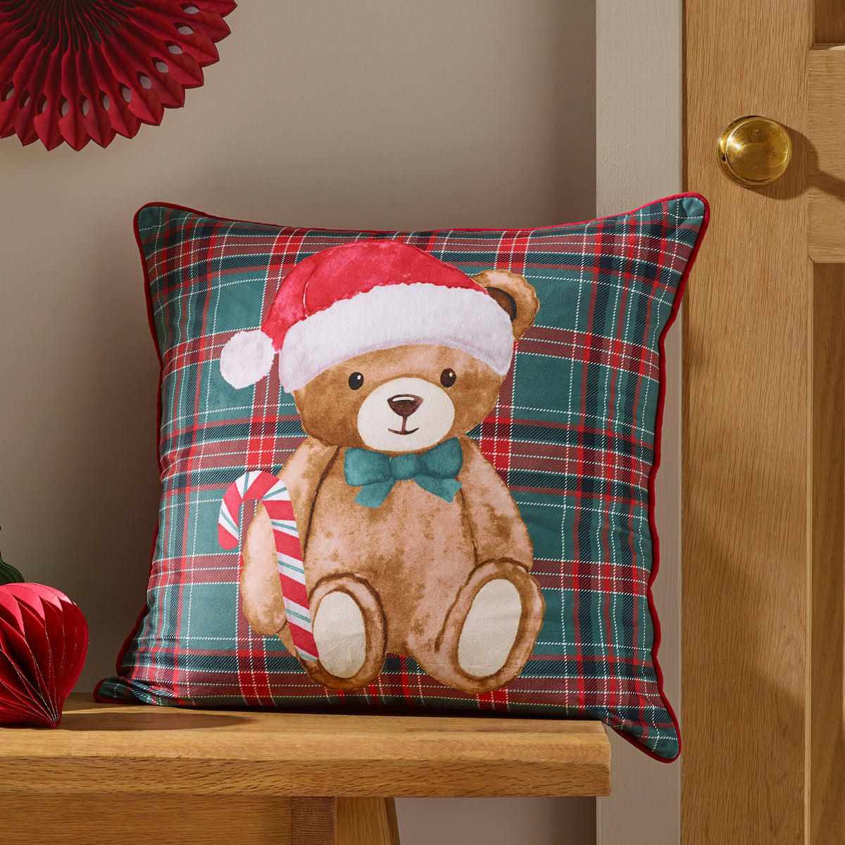 CATHERINE LANSFIELD Christmas Tartan Teddy Bear Filled Cushion 45x45cm