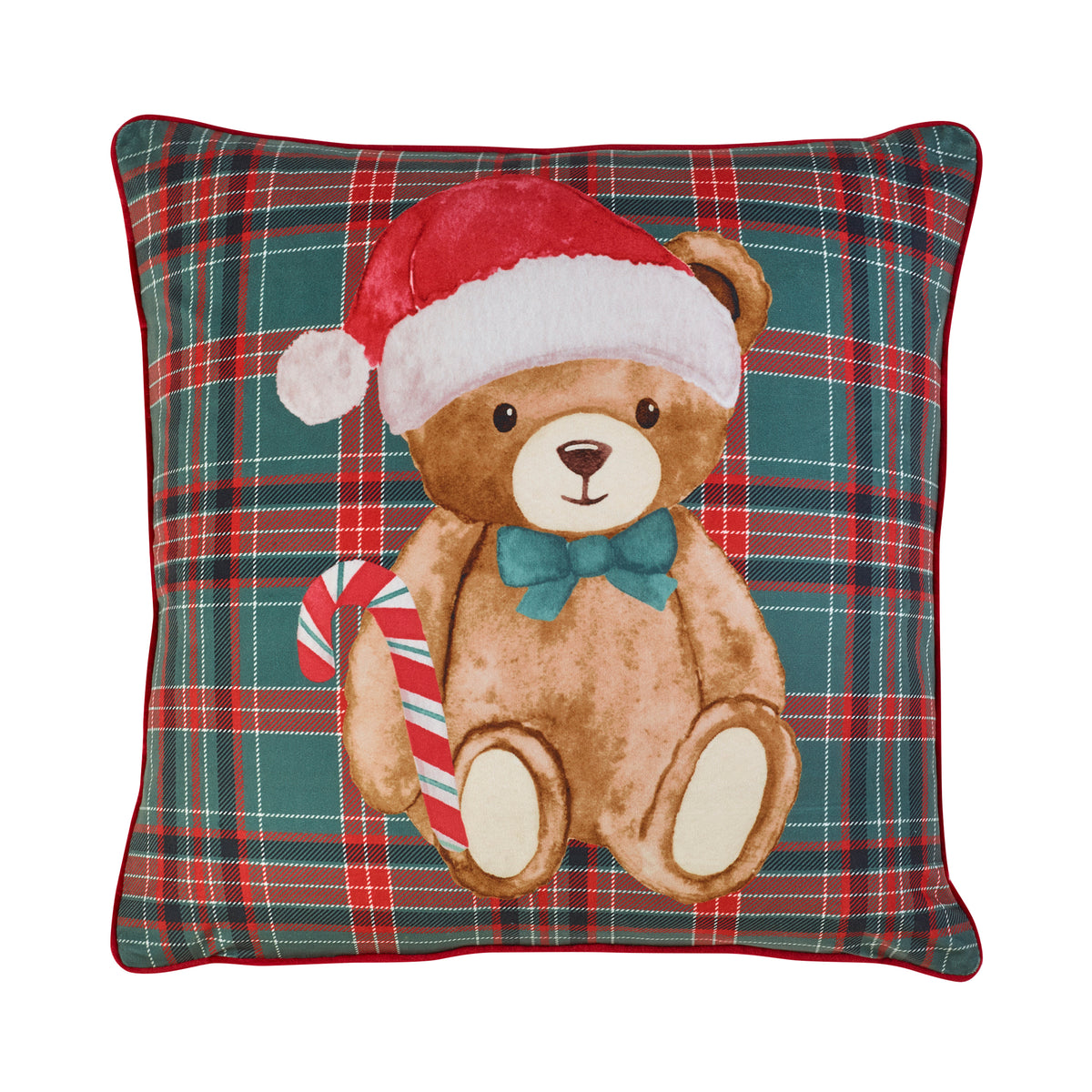 CATHERINE LANSFIELD Christmas Tartan Teddy Bear Filled Cushion 45x45cm