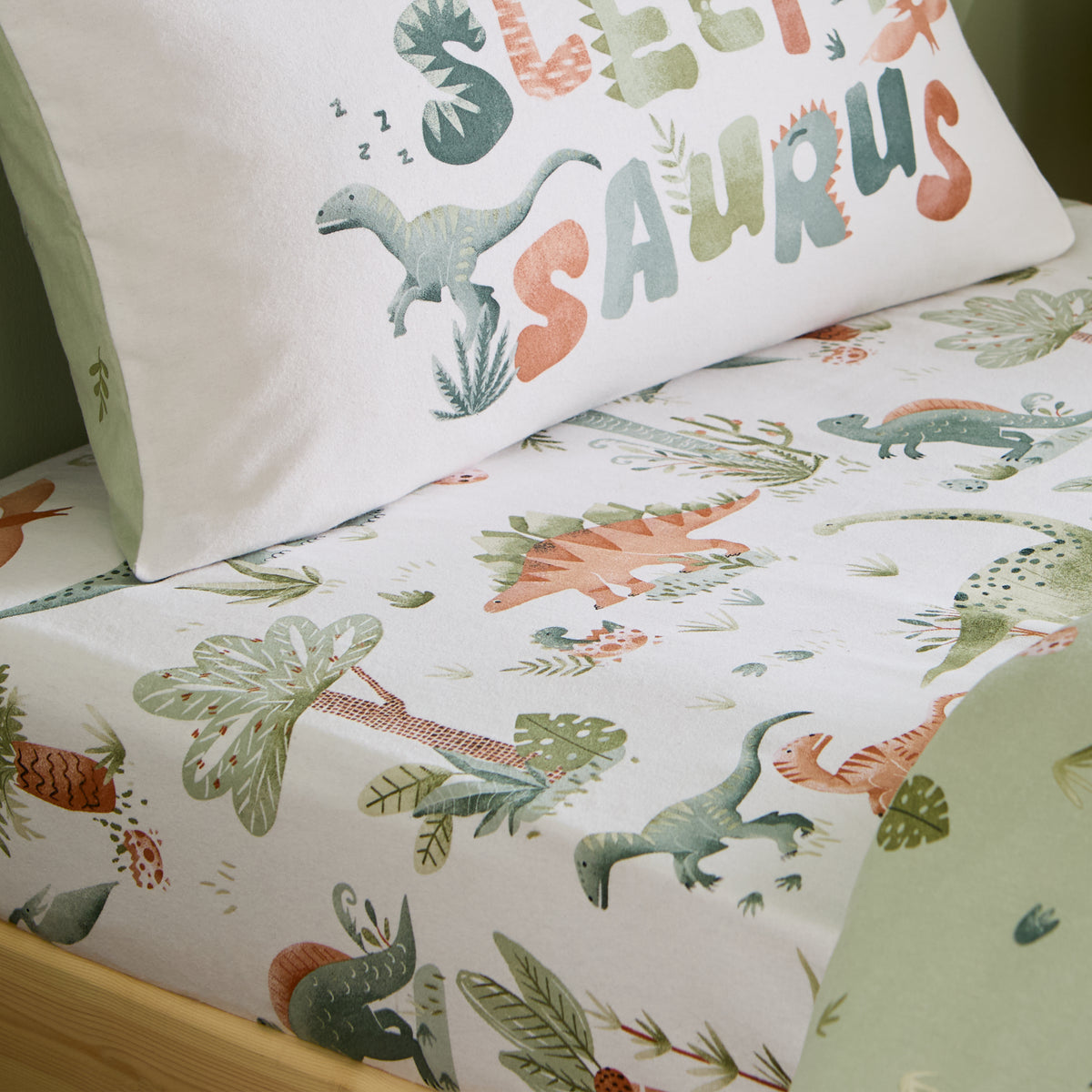 CATHERINE LANSFIELD Brushed 100% Cotton Sleepy Saurus Dino Fitted Sheet