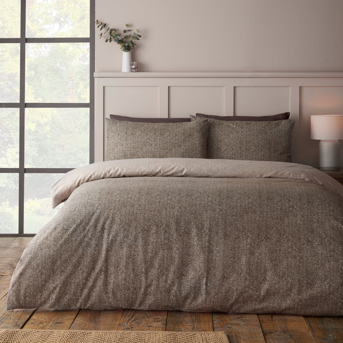 CATHERINE LANSFIELD Brushed 100% Cotton Herringbone Duvet Cover Set - Chocolate