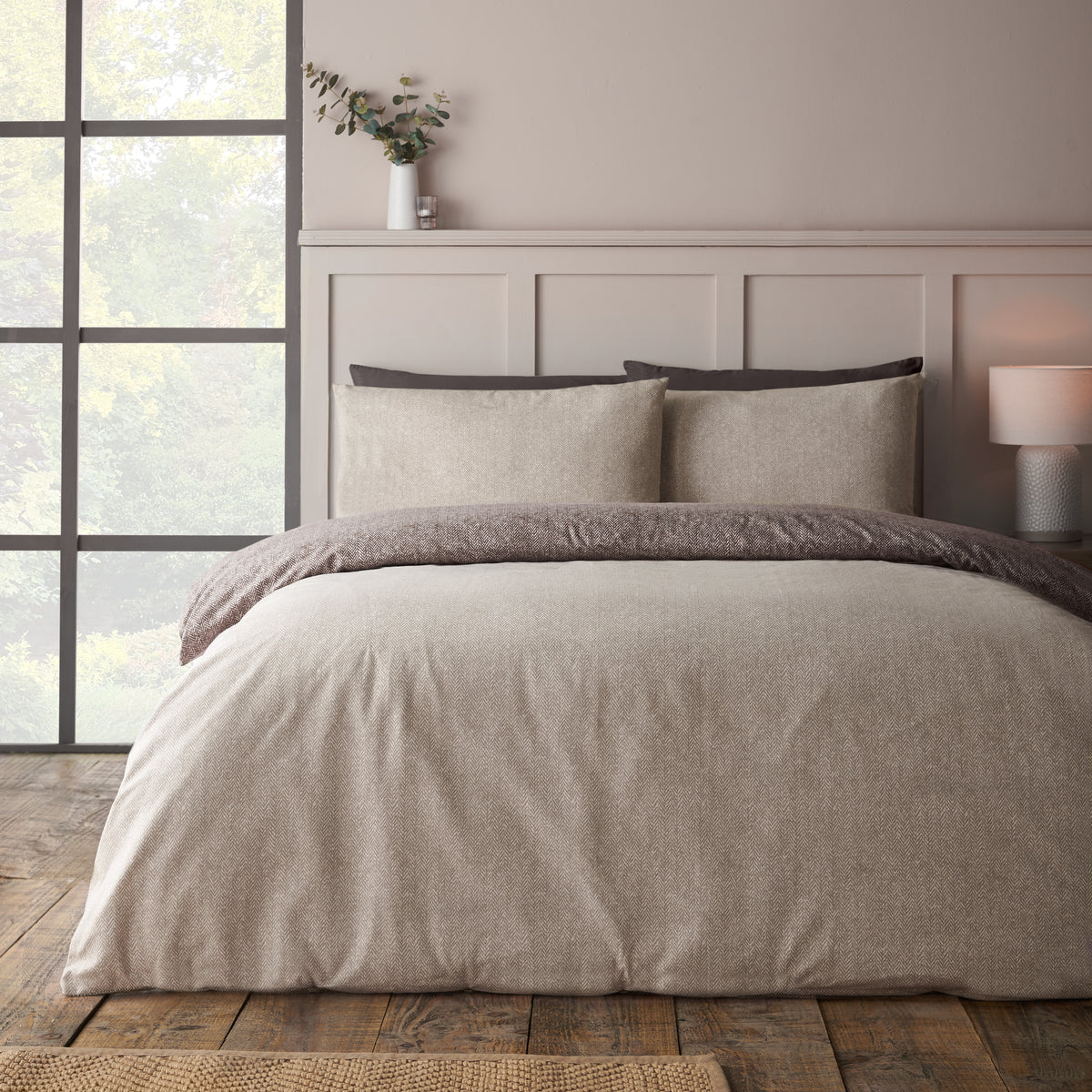 CATHERINE LANSFIELD Brushed 100% Cotton Herringbone Duvet Cover Set - Chocolate