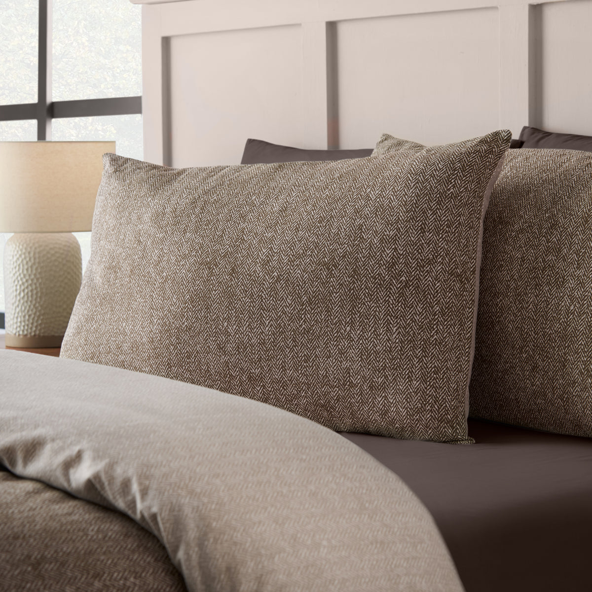 CATHERINE LANSFIELD Brushed 100% Cotton Herringbone Duvet Cover Set - Chocolate
