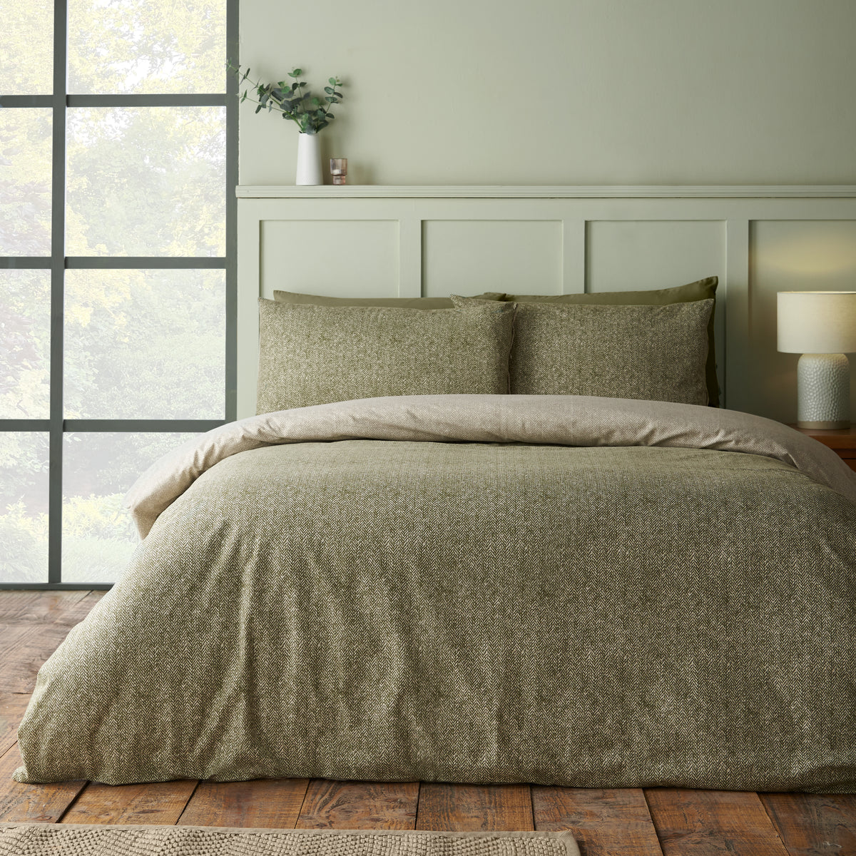 CATHERINE LANSFIELD Brushed 100% Cotton Herringbone Duvet Cover Set - Green