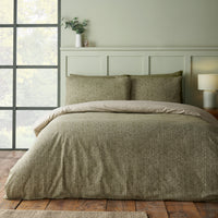 CATHERINE LANSFIELD Brushed 100% Cotton Herringbone Duvet Cover Set - Green