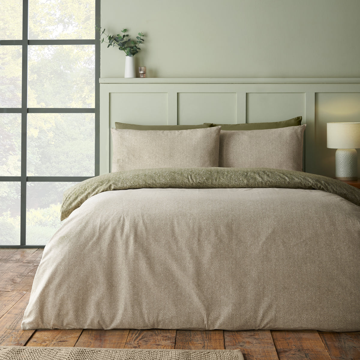 CATHERINE LANSFIELD Brushed 100% Cotton Herringbone Duvet Cover Set - Green