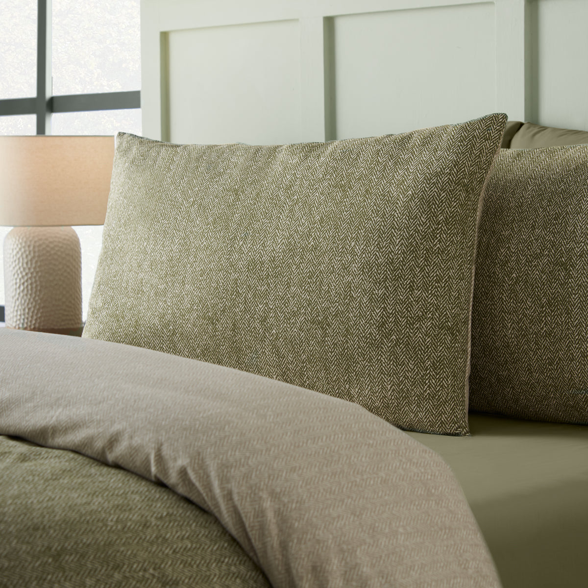 CATHERINE LANSFIELD Brushed 100% Cotton Herringbone Duvet Cover Set - Green