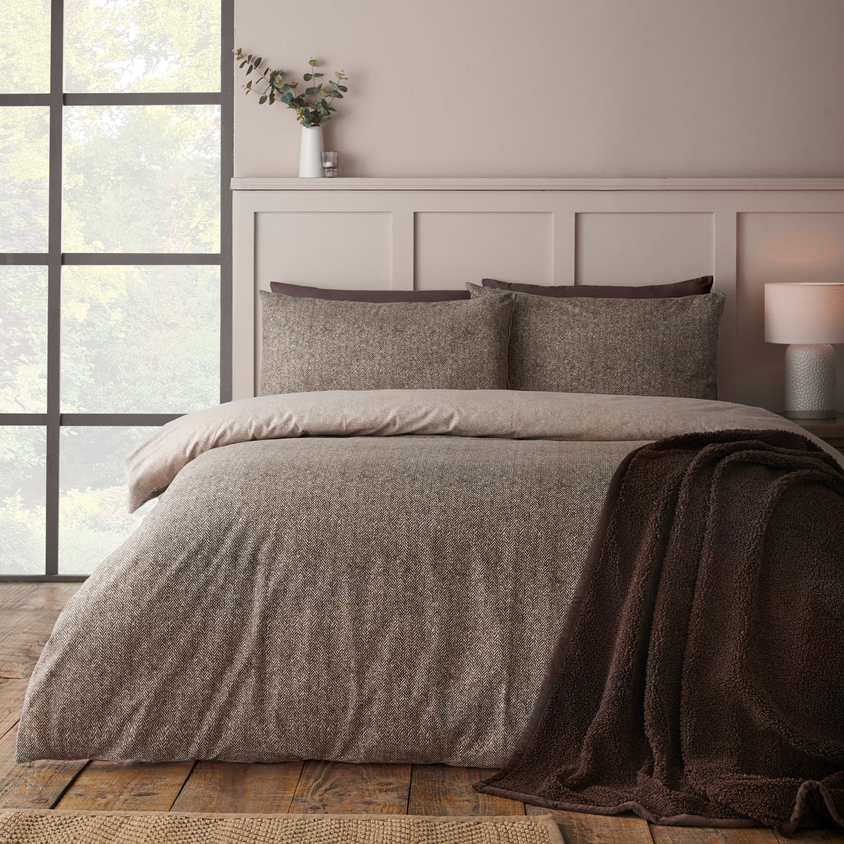 CATHERINE LANSFIELD Brushed 100% Cotton Herringbone Duvet Cover Set - Chocolate
