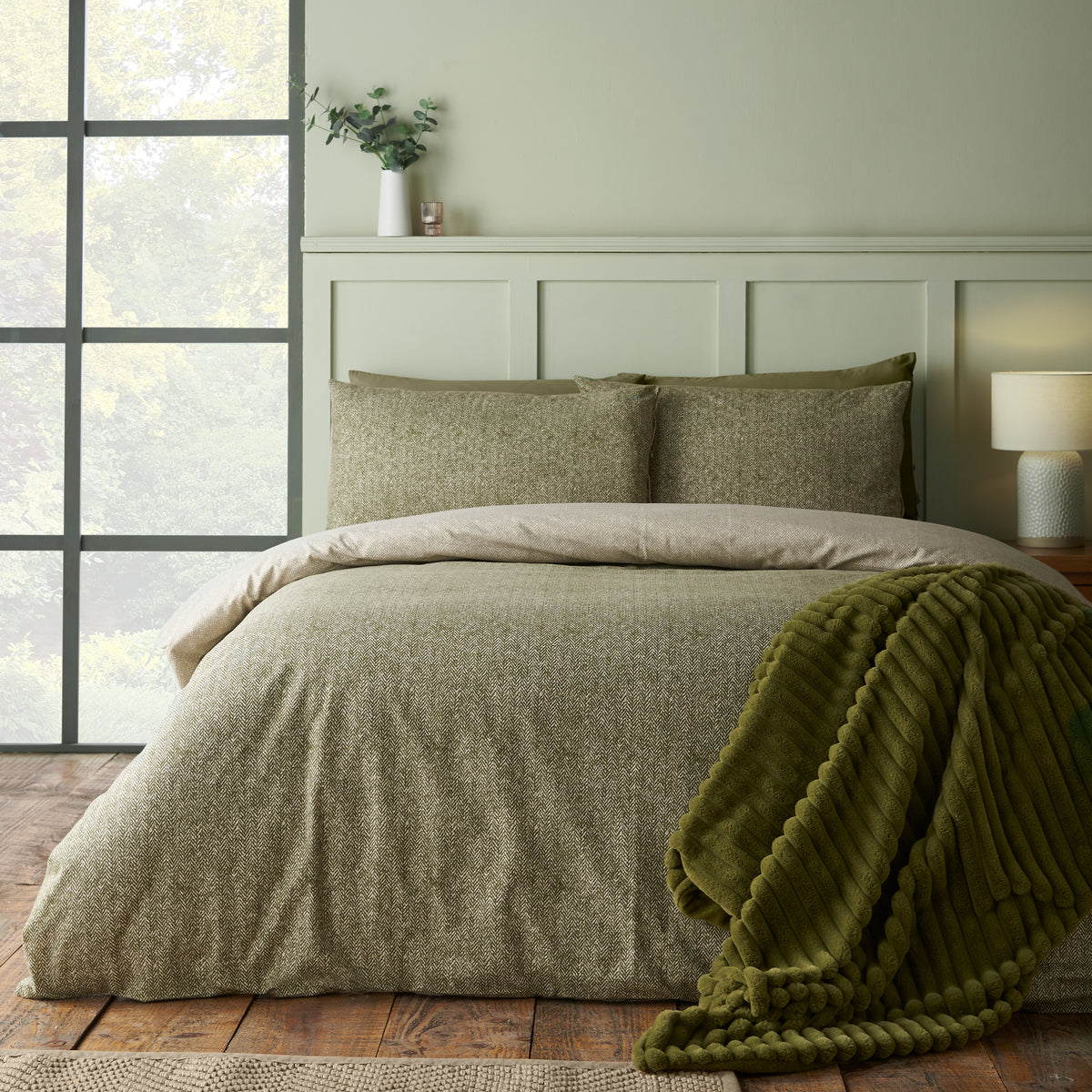 CATHERINE LANSFIELD Brushed 100% Cotton Herringbone Duvet Cover Set - Green