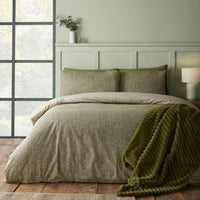 CATHERINE LANSFIELD Brushed 100% Cotton Herringbone Duvet Cover Set - Green