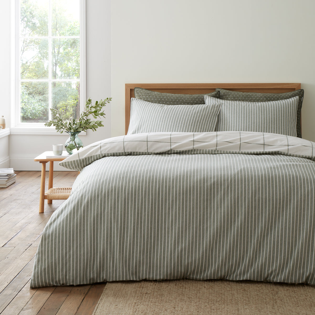 BIANCA Brushed 100% Cotton Regal Check Duvet Cover Set - Green
