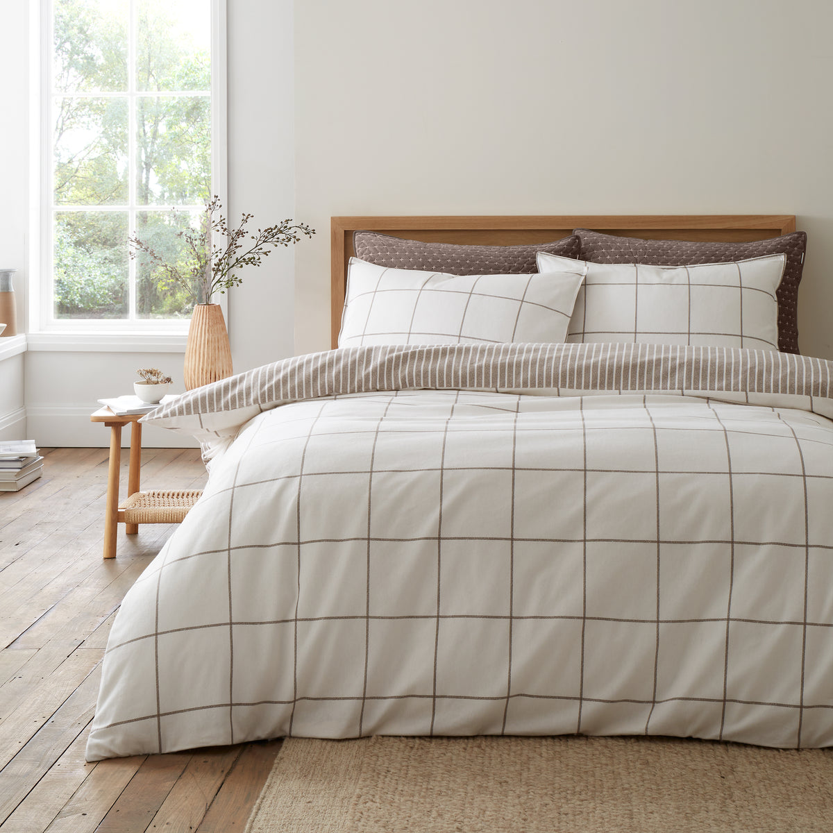 BIANCA Brushed 100% Cotton Regal Check Duvet Cover Set - Mole