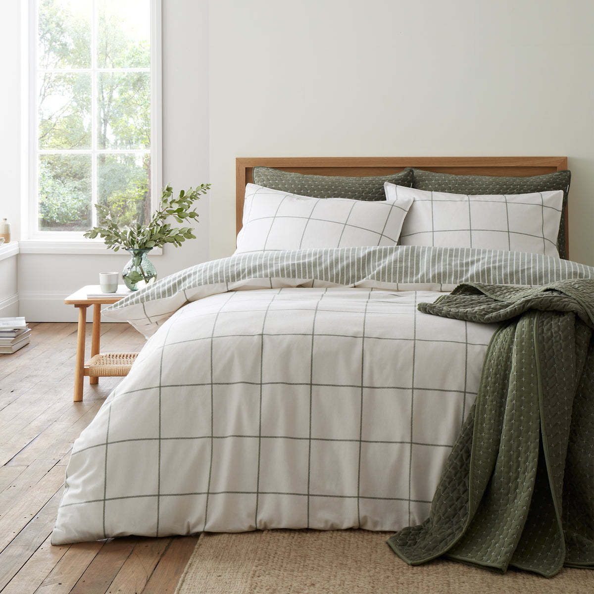 BIANCA Brushed 100% Cotton Regal Check Duvet Cover Set - Green