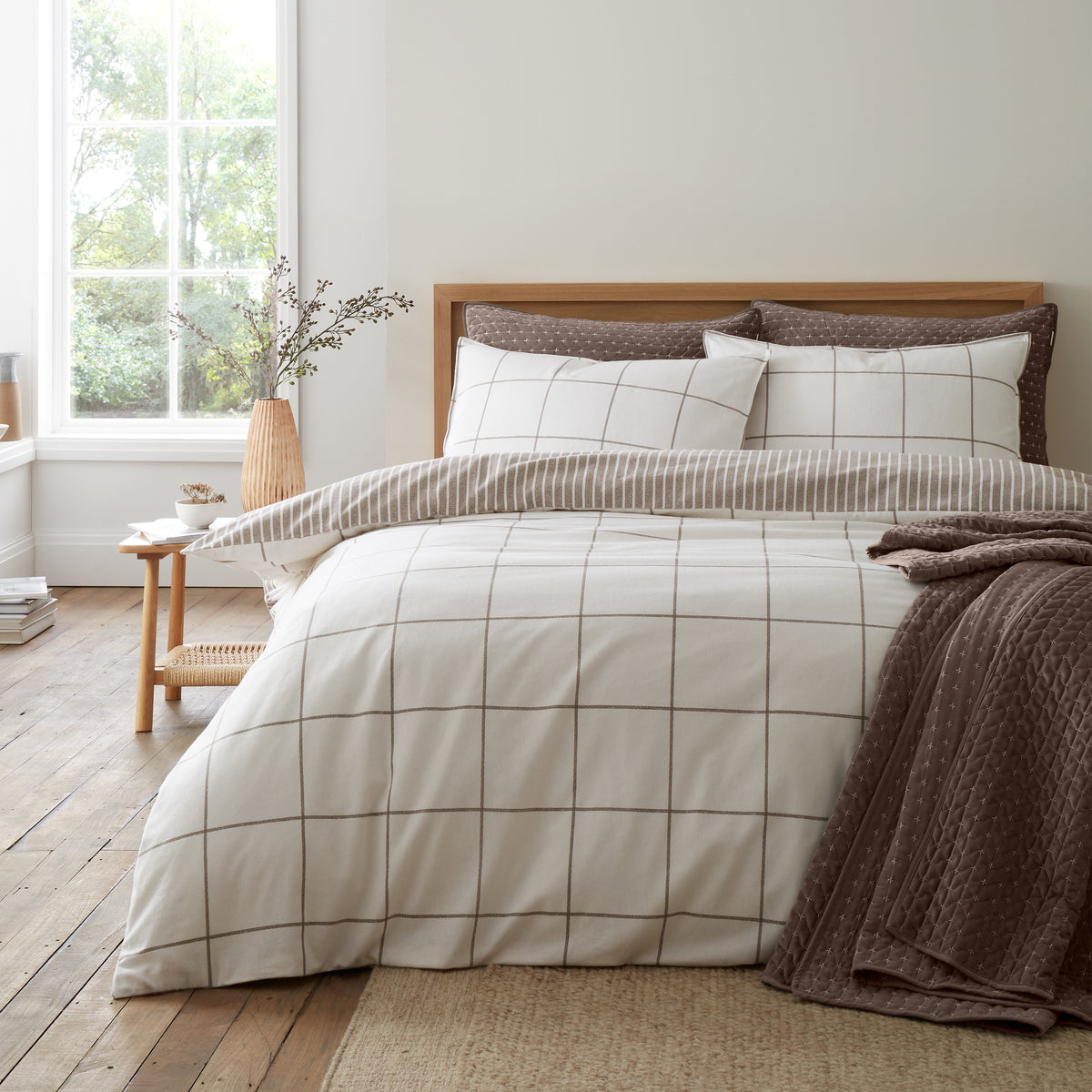 BIANCA Brushed 100% Cotton Regal Check Duvet Cover Set - Mole