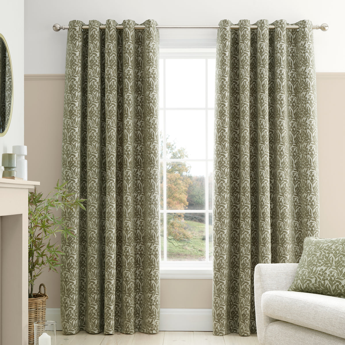 BIANCA Chenille Leaves Eyelet Curtains - Green