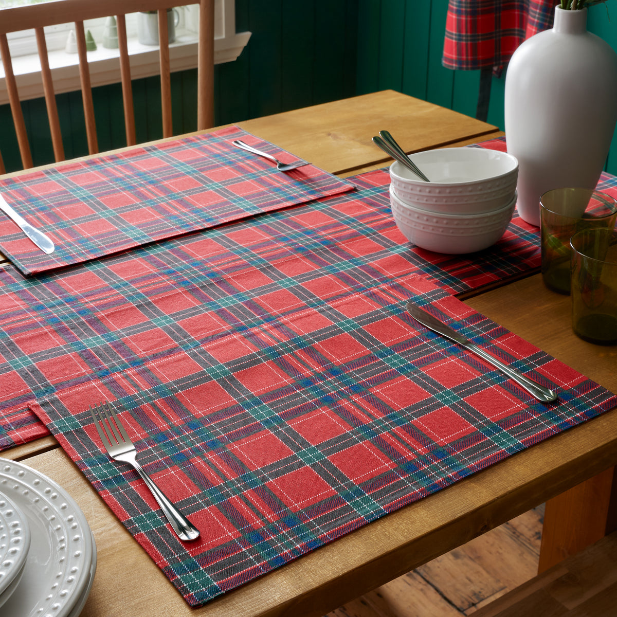CATHERINE LANSFIELD Christmas Tartan Check Cotton Placemats – 4 Pack Red & Green