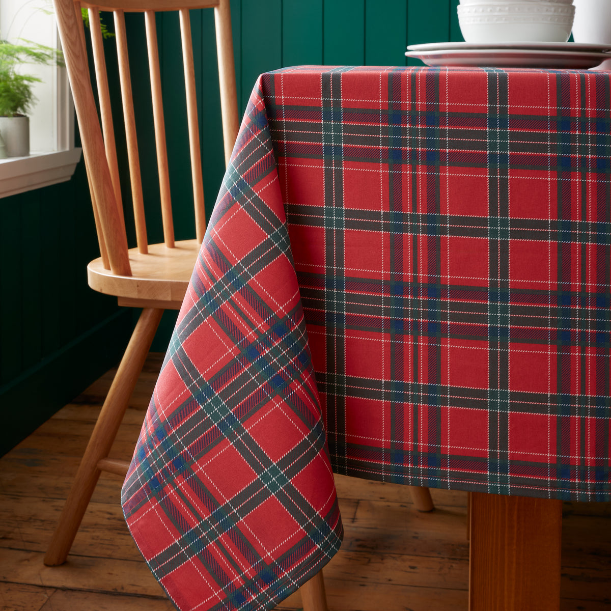 CATHERINE LANSFIELD Christmas Tartan Check Cotton Tablecloth 137x229cm - Red & Green