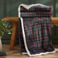 CATHERINE LANSFIELD Tartan Sherpa Check Soft Fleece Throw - Red & Green 130x170cm