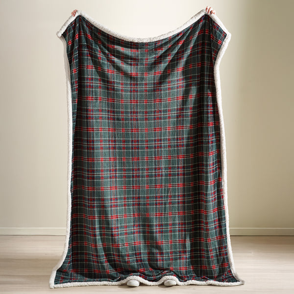 CATHERINE LANSFIELD Tartan Sherpa Check Soft Fleece Throw - Red & Green 130x170cm
