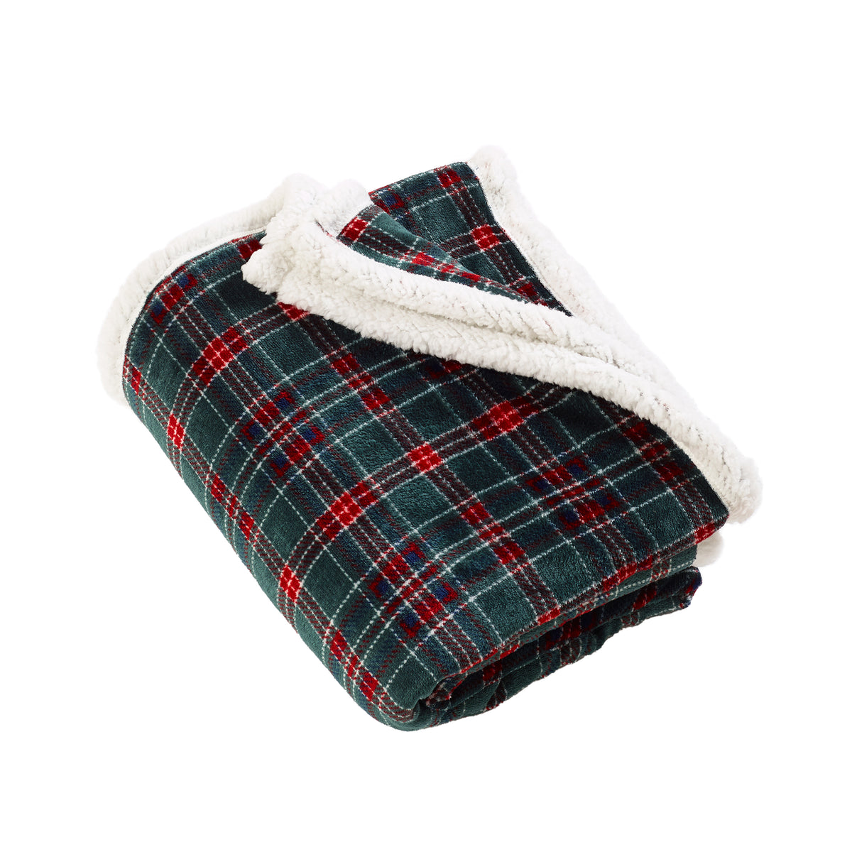 CATHERINE LANSFIELD Tartan Sherpa Check Soft Fleece Throw - Red & Green 130x170cm