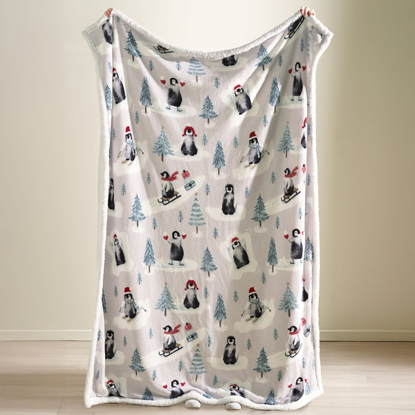 CATHERINE LANSFIELD Christmas Penguins Soft Fleece Sherpa Throw 130x170cm