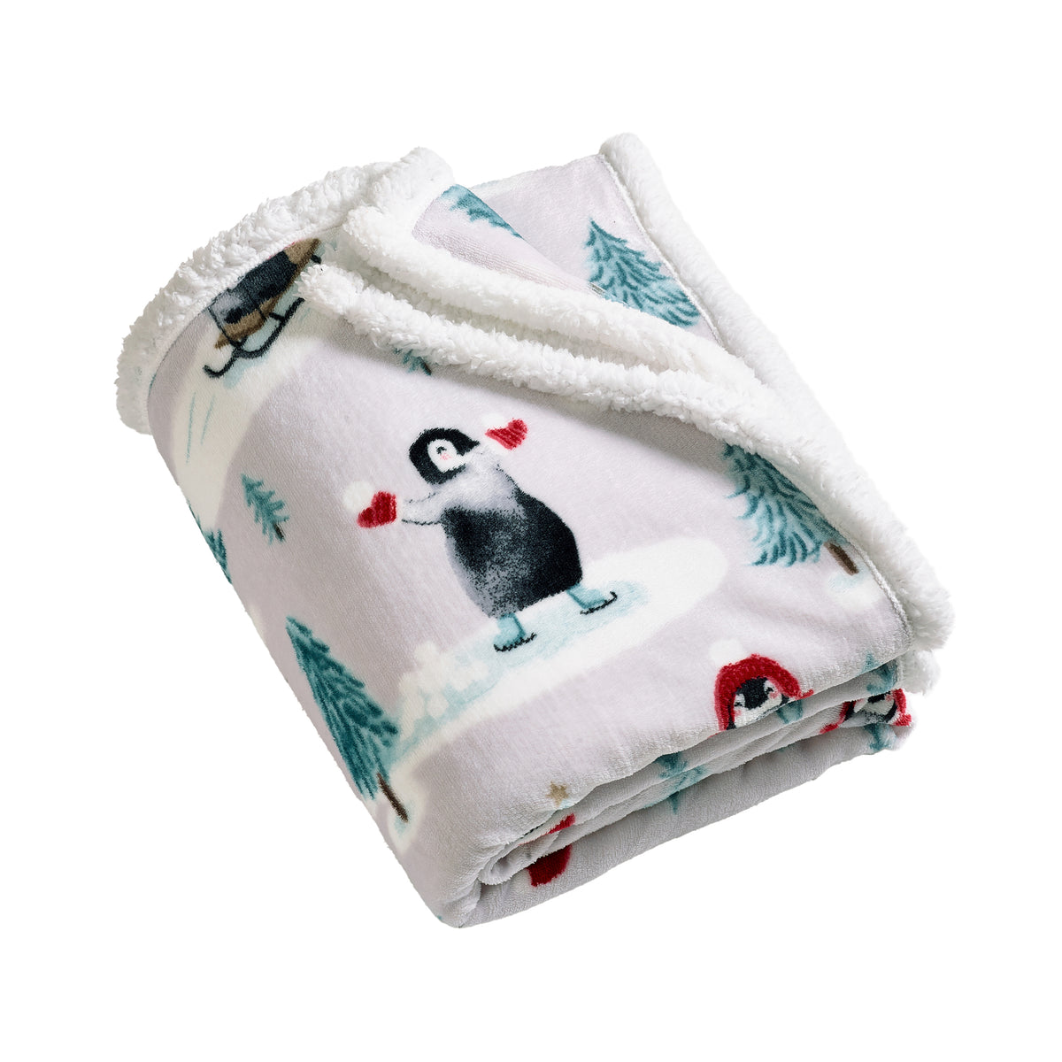 CATHERINE LANSFIELD Christmas Penguins Soft Fleece Sherpa Throw 130x170cm
