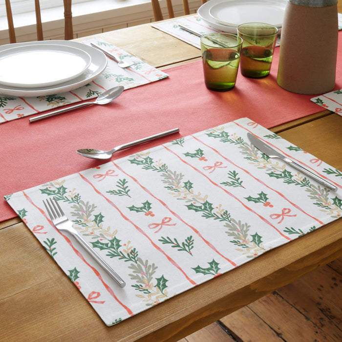 CATHERINE LANSFIELD Christmas Holly Stripe Cotton Placemats – 4 Pack