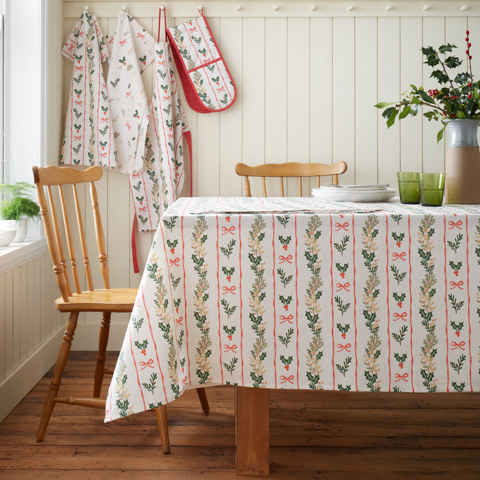 CATHERINE LANSFIELD Christmas Holly Stripe Cotton Tablecloth 137x229cm