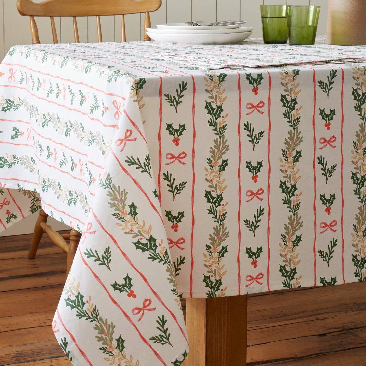 CATHERINE LANSFIELD Christmas Holly Stripe Cotton Tablecloth 137x229cm
